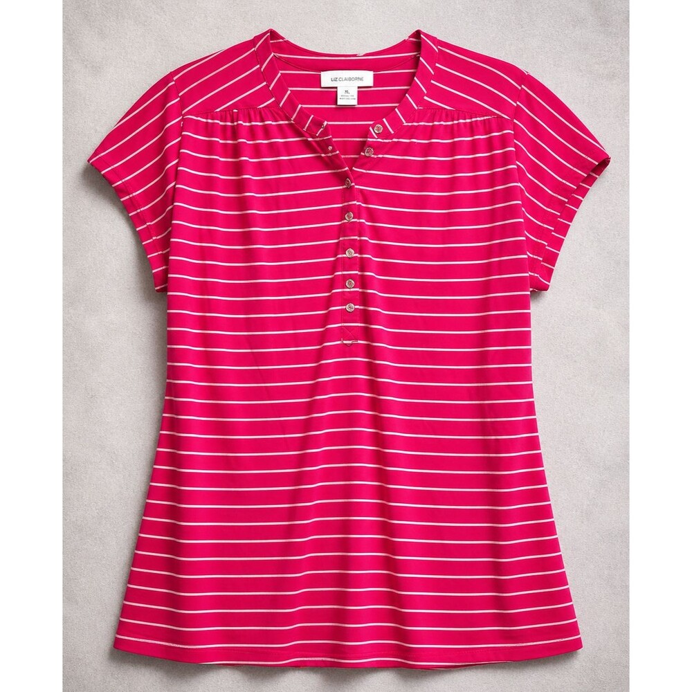 Liz Claiborne Striped Top Womens XL Pink White Stretch Casual Blouse